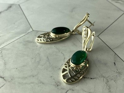 Vintage 925 Sterling Silver Green Agate & CZ Earrings