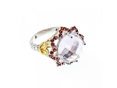 925 Sterling Silver With Gilding Morganite & Garnet "Flower" Ring Size 7