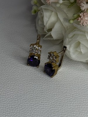 925 Sterling Silver Purple Crystal & CZ Earrings Length 0.70 Inch