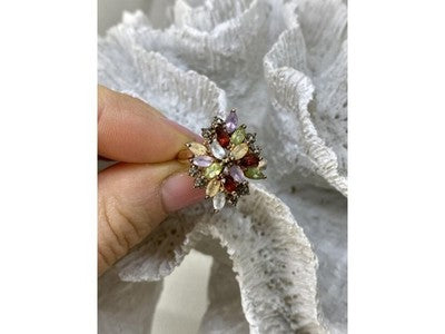 925 Sterling Silver Gold Plated Multi Gemstones "Flower" Ring Size 8