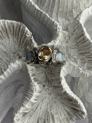 925 Sterling Silver Citrine & Opal & Beryl Ring Size 7