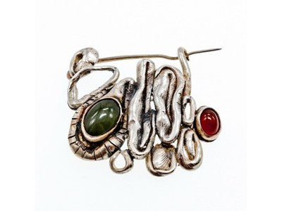 Vintage 925 Sterling  Silver Green  Jade & Red Carnelian Brooch