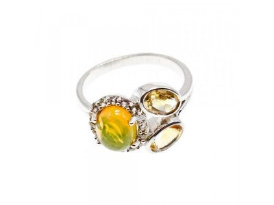 925 Sterling Silver Opal, Heliodor & CZ Ring Size 6