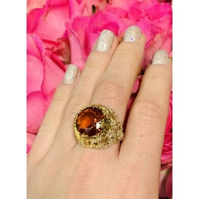 925 Sterling Silver Gold Plated Orange Alpanite & CZ Ring Size 10.25