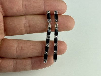 925 Sterling Silver Black Nephrite & Marcasites Earrings