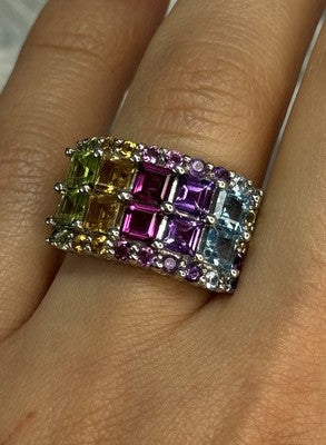 925 Sterling Silver Multicolor Stones Ring Size 7