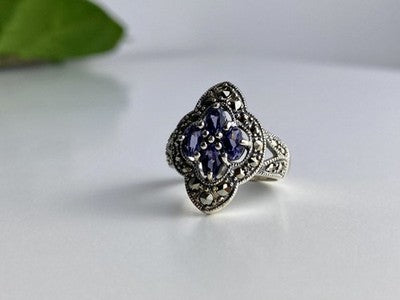 Vintage 925 Sterling Silver Amethyst & Marcasites Ring Size 5.5