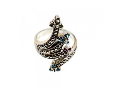 925 Sterling Silver Peridot, Topaz, Spinel & Marcasites Ring Size 6