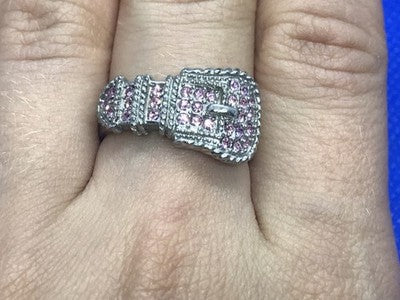 925 Sterling Silver Pink Quartz "Belt" Ring Size 8