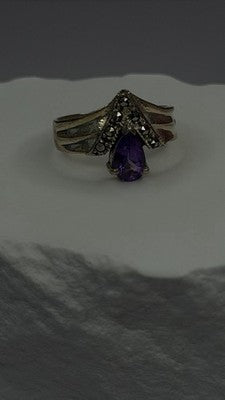 Vintage 925 Sterling Silver Amethyst & Marcasite Ring Size 7.5