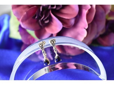 925 Sterling Silver Black Nephrite (Jade) & Marcasites Earrings