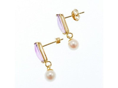 14K Yellow Gold Amethyst & Pearls Earrings Italy