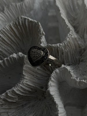 925 Sterling Silver White & Black Spinel Heart Ring Size 7.5