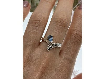 925 Sterling Silver Topaz & Marcasites Ring Size 10