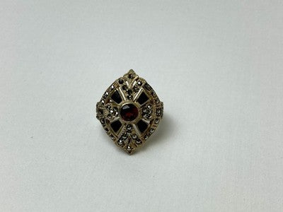 925 Sterling Silver Spessartine, Black Nephrite & Marcasites Ring Size 6.5