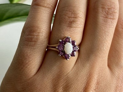 925 Sterling Silver Opal & Pink Spinel "Flower" Ring Size 7