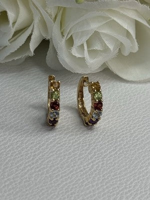 925 Sterling Silver Gold Plated Multicolor Stones Earrings Length 0.62 Inch