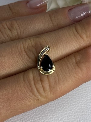 10K Yellow Gold Black Sapphire & Diamonds Pendant Length 0.60 Inch