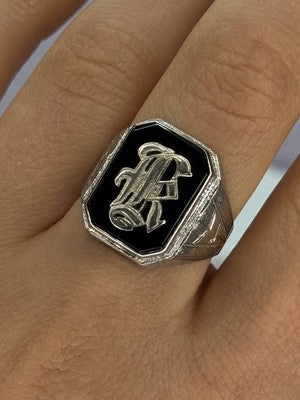 10K WHITE GOLD VINTAGE ART DECO BLACK ONYX RING SIZE 8