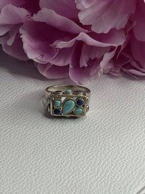 925 Sterling Silver Turquoise & Sodalite Ring Size 7.5