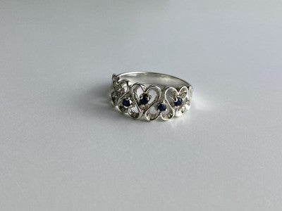 925 Sterling Silver Sapphires "Hearts" Ring Size 9.5