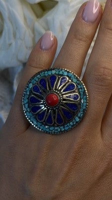 Large Southwestern 925 Sterling Silver Turquoise Coral Lapis Ring Size 7.5