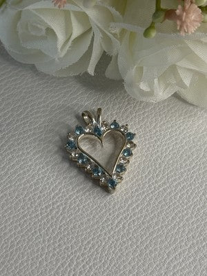 925 Sterling Silver Blue & White Topaz Heart Pendant Length 1 Inch