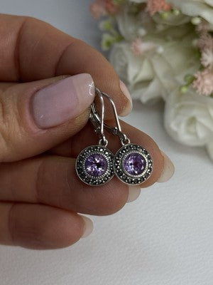 925 Sterling Silver Amethyst & Marcasite Earrings Length 1.12 Inch