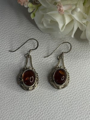 Vintage 925 Sterling Silver Amber Earrings Length 1.40 Inch