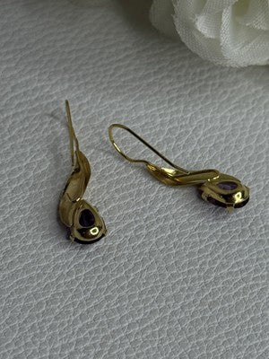 14K Yellow Gold Amethyst Earrings Length 0.90 inch