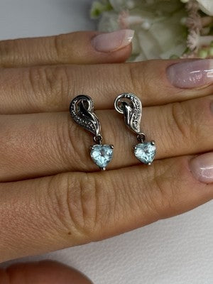 925 Sterling Silver Blue Topaz Heart Earrings Length 0.85 Inch