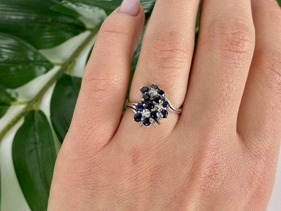 925 Sterling Silver Sapphire & CZ "Flowers" Ring Size 6.75