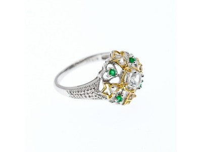 925 Sterling Silver Gold Plated Emerald & Goshenite Ring Size 6.5