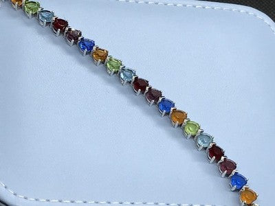 925 Sterling Silver Multicolor CZ Bracelet 7 In