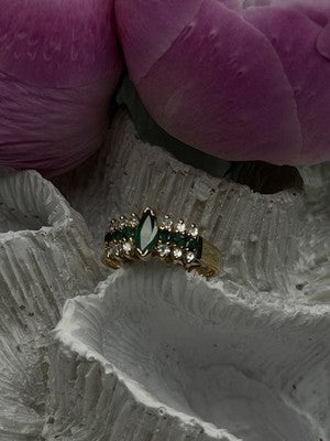 Elegant 14K Yellow Gold Emerald & White Topaz Ring Size 6