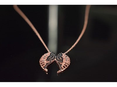 925 Sterling Silver Gold Plated Black CZ "Angel's Wings" Necklace