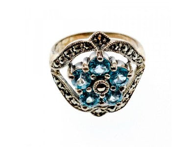 925 Sterling Silver Blue Topaz & Marcasites Ring Size 8
