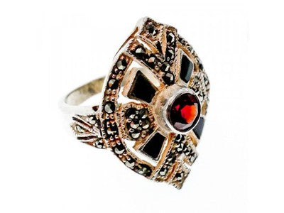 925 Sterling Silver Spessartine, Black Nephrite & Marcasites Ring Size 6.5