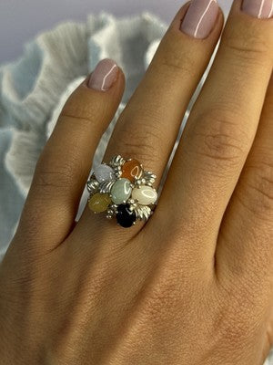 925 Sterling Silver 6 Colors Of Jade Flower Ring Size 8, 9
