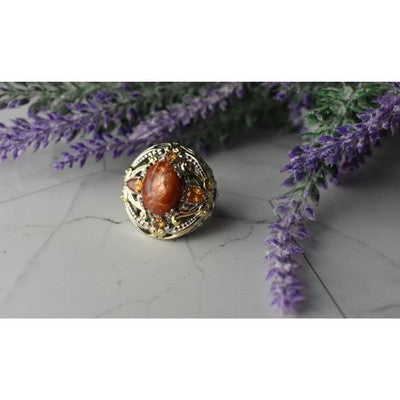 925 Sterling Silver Gold Plated Amber & Spessartine Ring Size 6.5