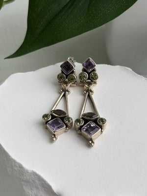 925 Sterling Silver Amethyst Peridot Citrine Earrings