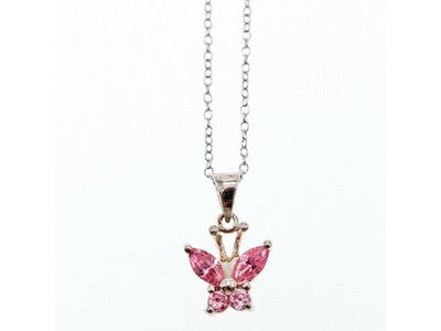 925 Sterling Silver Pink CZ "Butterfly" Chain With Pendant Italy