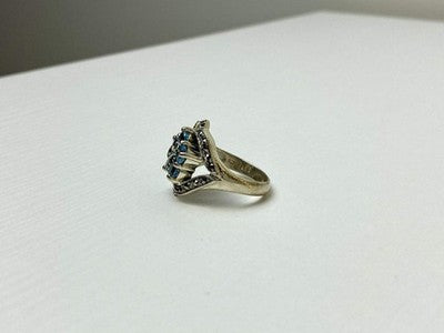 925 Sterling Silver Blue Topaz & Marcasites Ring Size 8