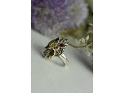 925 Sterling Silver Heliodor, Almandine & Marcasites Ring Size 8