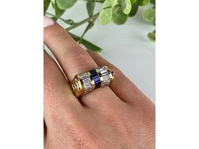 925 Sterling Silver Gold Plated Sapphires & CZ Ring Size 7