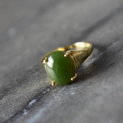 925 Sterling Silver Gold Plated Green Jade Ring Size 6.5