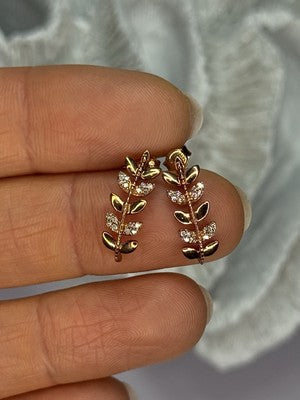 14K YELLOW GOLD DIAMONDS LEAF EARRINGS LENGTH 0.7 INCH