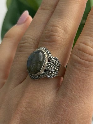 925 Sterling Silver Labradorite & Marcasite Ring Size 10