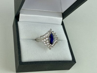 925 Sterling Silver Sapphire & CZ Ring Size 6.5