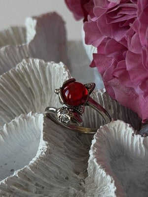 925 Sterling Silver Fox & Snake Red Glass Cabochon Ring Size 9 Sizable